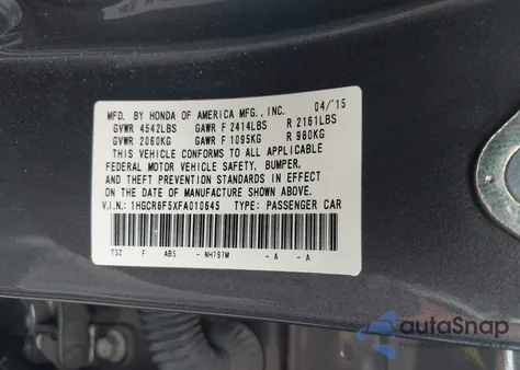 2015 Honda Accord Hybrid Ex-L from USA, damaged, VIN 1HGCR6F5XFA010645